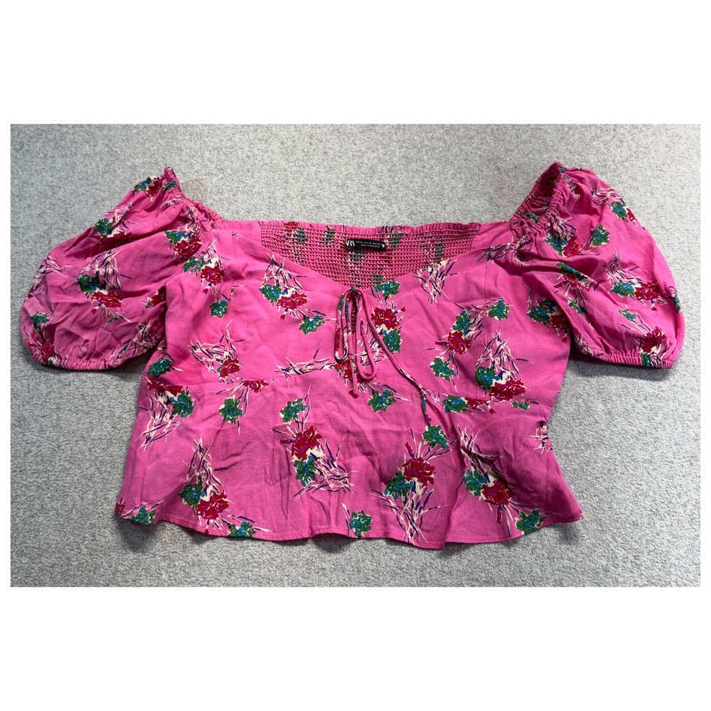 Zara Floral Blouse Womens XL Pink Smocked Back Puff Sleeve Peplum Top Boho